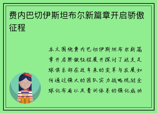 费内巴切伊斯坦布尔新篇章开启骄傲征程